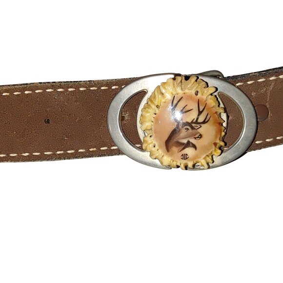 Vintage Justin Belt Western Leather Brown Deer Antler Buckle Size 28 Fur Inlay - Picture 6 of 11